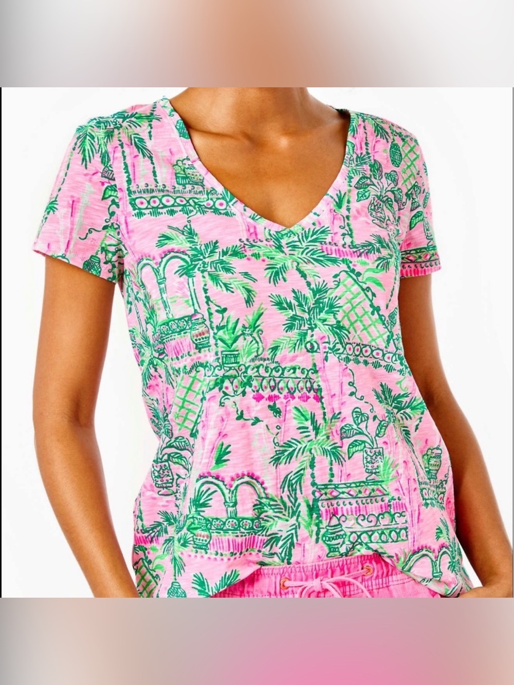 Lilly Pulitzer Etta V-Neck Mandevilla Baby Always Worth It Pink Green Cotton Top